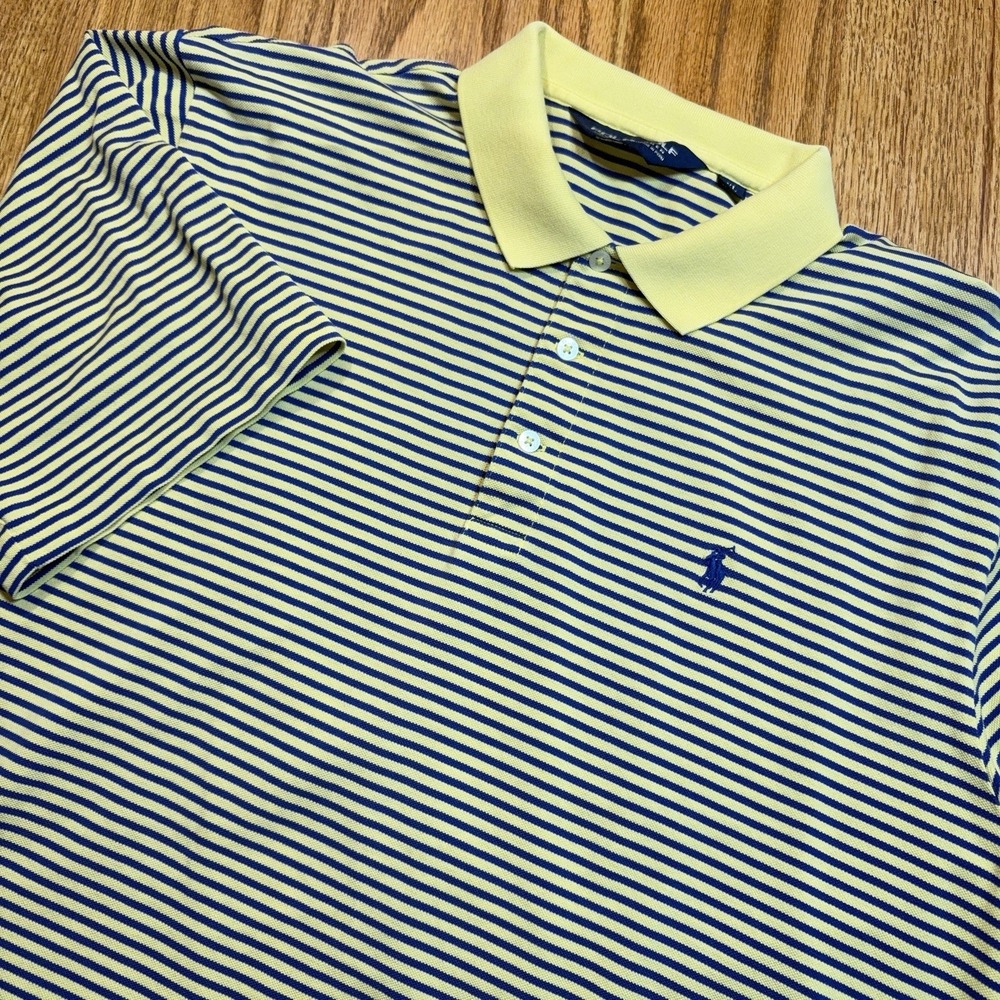 Polo Golf Ralph Lauren Shirt Mens XL Pima Cotton Blue Yellow Stripe Peru FLAW